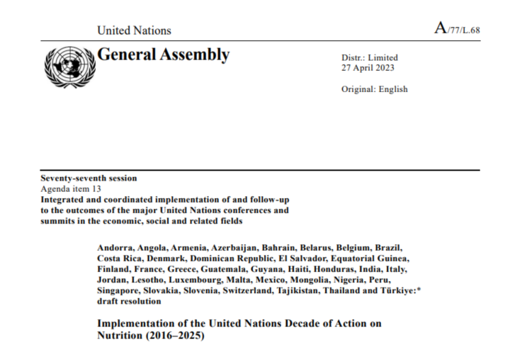 New resolution by UNGA on the Nutrition Decade